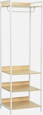 A white metal frame clothing rack with three wooden shelves and a hanging rod.