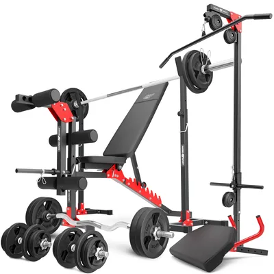 Obrázek produktu pro Marbo Sport Set MH25_162KG_KIER | nastavitelná lavice na činky + stojan na činky MH-S201 + stroj na nohy + kladkový stroj + lavice Scott + sada činkových tyčí a kotoučů 113 kg