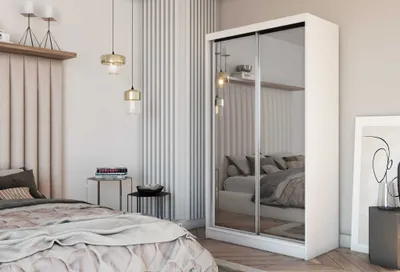 Produktbild von AGMAT Schwebetürenschrank Bora, Kleiderschrank mit 2 Türen, Moderne Garderobe in Farbe: Weiß, Schrank in Größe: 120 x 216 x 61 cm