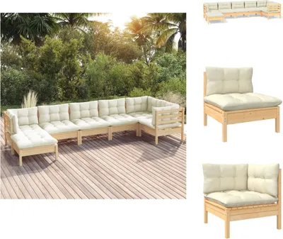 Produktbild von vidaXL 7-tlg. Garten-Lounge-Set mit Creme Kissen Massivholz Kiefer -  Gartenmöbel-Sets