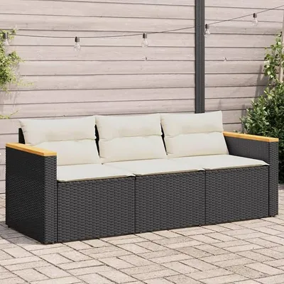 Produktbild von Gartensofa mit Kissen 3-Sitzer Schwarz Poly Rattan Gartenmöbel