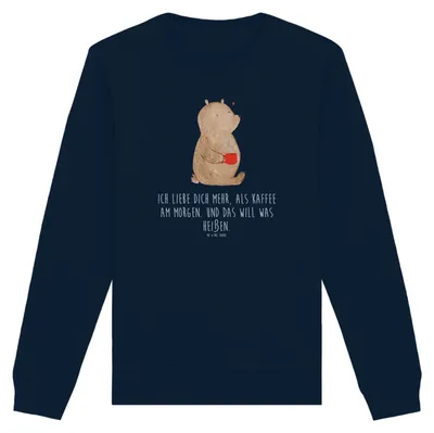 Produktbild von Mr. & Mrs. Panda Organic Sweatshirt Bär Morgenkaffee Größe XL - French Navy - Geschenk, Pulli, Sweater, Baumwoll Pullover, Liebesbeweis, Hochzeitstag, Nachhaltiger