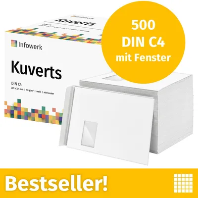 Image de NOUVEAU : Infowerk Enveloppes avec fenêtre, DIN C4, non imprimées, 500 pièces
