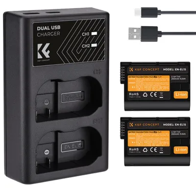 Zdjęcie produktu dla Zestaw baterii i ładowarki do aparatu K&F CONCEPT z 2-gniazdową ładowarką + 2 akumulatory EN-EL15 7,4 V 2100 mAh + kabel ładujący typu C, zamiennik do Nikon D7000/D7100/D7200/D750/D850/D810/D800/D800E/D750/D610 /D600/D500/Z6/Z7/V1