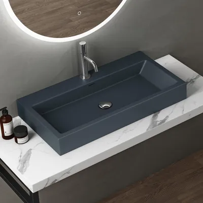 Immagine prodotto di doporro Lavabo da Appoggio Rettangolare, Lavabo Bagno Sospeso con Foro Rubinetto e Troppopieno, Lavandino in Marmo Resina Antracite Opaco 76.5x42x10cm, Colossum06