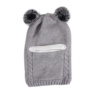 Produktbild von Wintermütze für Babys, Jungen und Mädchen, Strickmütze mit Plüschball-Dekor, warmes Fleecefutter, Ohrenklappen, Kindermütze, Grau, Einheitsgröße
