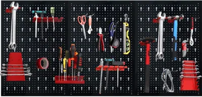 Produktbild von JOIEYOU Werkzeugwand 120 x 60 x 2 cm Metall Lochwand mit 17 teilge Hakenset Dreiteilig Werkzeuglochwand Werkzeughalter für Werkstatt