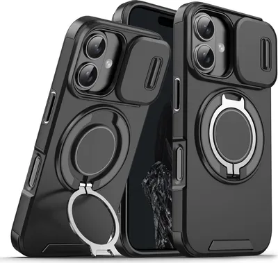 Immagine prodotto di Custodia a doppio strato per iPhone 16 Plus, con copertura scorrevole della fotocamera e supporto ad anello magnetico Nero