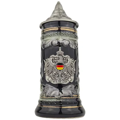 Produktbild von Bierkrug mit Deckel 0,7L – Steinkrug mit Metallmontur & Spitzdeckel – Perfekt als Geschenk, Deko & Sammelstück (Schwarz)