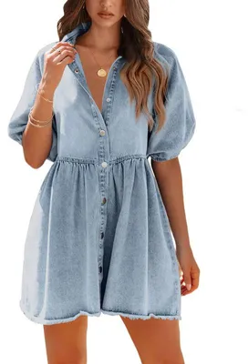 Produktbild von Imily Bela Sommerliches Jeanskleid für Damen, Kurzarm, Babydoll-Kleid, fließendes Jeanskleid mit Puffärmeln