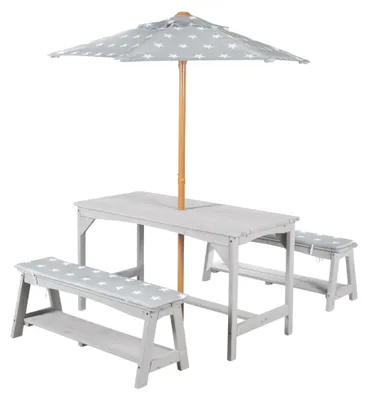 Obrázek produktu pro roba dětská sedací souprava Outdoor+ vč. 1 stolu, 2 lavic, slunečníku Little Stars a podsedáků, masivní dřevo šedé
