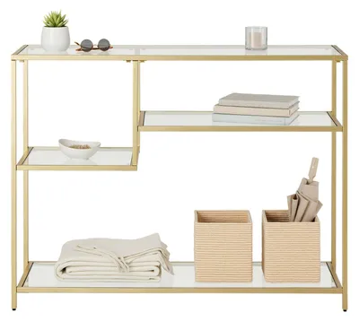 Produktbild von Beistelltisch aus Glas mit Metallgestell und Ablagen | Goldfarben | 100x35x80 cm