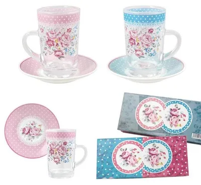 2 Glaskelchen mit Untertassen, rosa und blau, Blumenmotiv