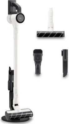 A white and black LG CordZero A9C-SLIM1C cordless vacuum cleaner with accessories is displayed against a white background.