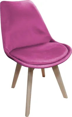 A single pink chair with wooden legs on a white background.