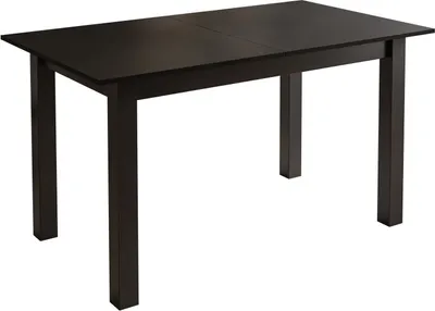 A dark brown rectangular table with four legs is shown against a white background.