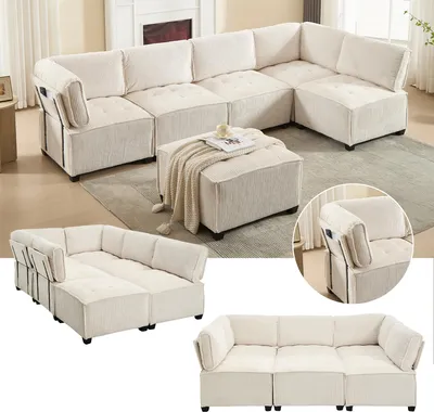 Produktbild von Modulares 6-Sitzer Sofa 308 cm Beige Wohnlandschaft Cord Couch U-Form L-Form Schlafsofa mit Stauraumtaschen Ergonomisch Polstersofa Kombinierbar