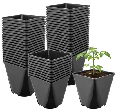 Image de Garronda, lot de 50 pots en plastique carrés aux angles arrondis avec trous de drainage pour le jardin (noirs, 14 x 14 x 14 cm (2 L)) GD-KW-SR