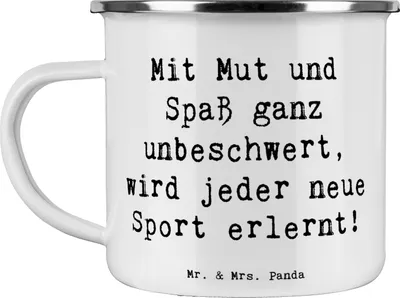 Produktbild von Mr. & Mrs. Panda Emaille Tasse Spruch Neue Sportart versuchen - Weiß - Geschenk, Zuversicht, neuer Sport, Haferl, sportliche Ziele, und Fitness, Blechtasse, Teetasse