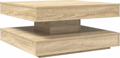 A square coffee table with a two-tiered design and a wood-grain finish.