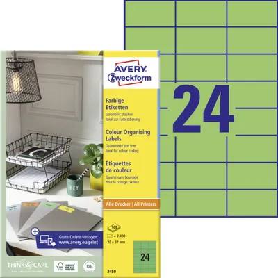 Produktbild von Avery Zweckform 3450 Farbige Etiketten, A4, 70 x 37 mm, 100 Bogen/2.400 Etiketten, grün