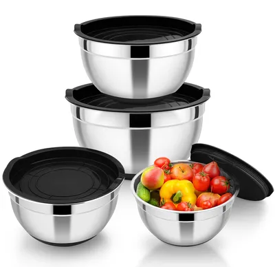 Produktbild von 4er-Set Rührschüsseln aus Edelstahl mit luftdichten Deckeln und Silikonboden, stapelbar und spülmaschinenfest, 4,6 l/2,8 l/1,5 l/0,7 l – Schwarz
