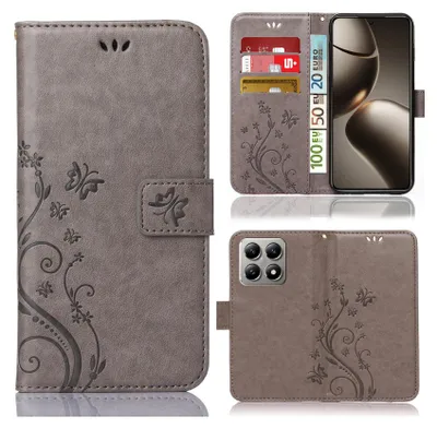 A collage of images showing a phone case from different angles, including its interior card slots and the phone it is designed for.