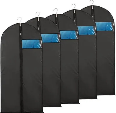 Immagine prodotto di Borsa porta abiti a 5 scomparti, 60x140 cm, traspirante, nera con finestra trasparente