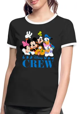 Produktbild von Mickey & Minnie Pluto Goofy Daisy Donald Crew Frauen Kontrast T-Shirt, XL, Schwarz/Weiß