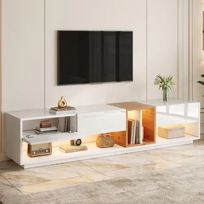 Obrázok produktu pre TV komoda Merax s vysokým leskom a LED osvetlením, TV skrinka s ovládaním cez aplikáciu, televízny stolík s úložným priestorom, otvorená odkladacia plocha, materiál: MDF, farba: biela