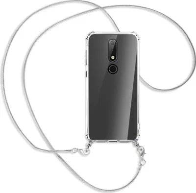 Produktbild von Handykette Backcover-Schutzhülle mit Band (Metall silberfarben) für Nokia 6.1 Plus / X6 - silberfarbene Kette Snake