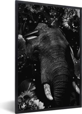 Produktbild von MuchoWow® Gerahmtes Poster Botanischer Elefant mit hellen Kugeln auf abgedunkeltem Hintergrund - schwarz und weiß 60x90 cm - Poster mit Schwarzem Bilderrahmen Wandposter Rahmen Foto Bilder - Kunst