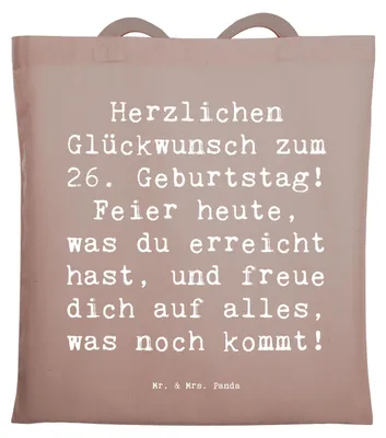 Produktbild von Mr. & Mrs. Panda Jutebeutel Spruch 26. Geburtstag - Braun Pastell - Geschenk, Alter, Meilenstein, Shopping Tasche, Geburtstagsgeschenk, neue Abenteuer, Schultasche