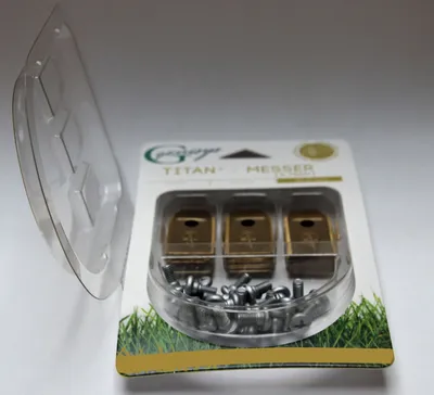 A product package containing replacement blades for a robotic lawnmower.