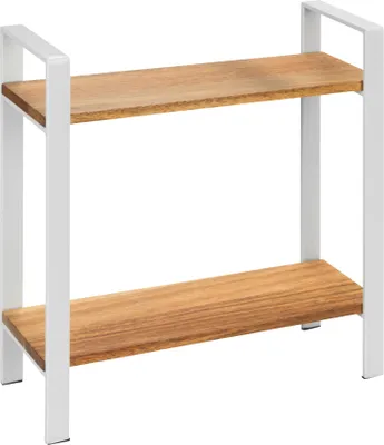 A two-tier shelf unit with wooden shelves and white metal frame, presented against a white background.