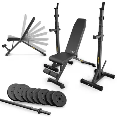 Produktbild von TREX SPORT Hantelbank mit Gewichten Set | Klappbare Trainingsbank, verstellbare Hantelablage, Sicherheitsablage, Bankdrücken | Hantelscheiben 28kg