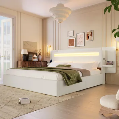Produktbild von Polsterbett 180 x 200 cm mit hydraulischem Stauraum, integriertem Nachttisch mit USB, mehrfarbiger LED-Lichtleiste, Leinenbezug, Beige