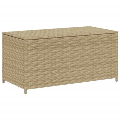 A beige poly rattan storage trunk on a white background.