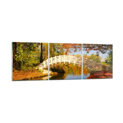 Produktbild von Bilder auf glas - Stream Fußgängerbrücke Herbst - 120x40cm - Glasbilder - Wandbilder - Kunstdruck - zum Aufhängen bereit - Wanddekoration aus Glas - Glas Bilder - Wandbild auf Glas - GCA120x40-2654