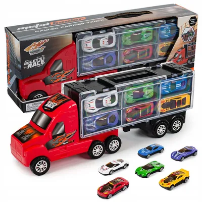 Produktbild von Spielzeug-LKW mit 6 Autos – Transporter mit Koffer, Spielbrett & Griff für unterwegs