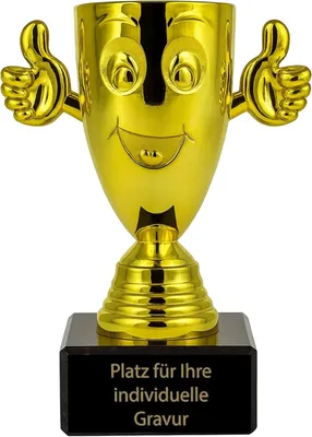 Produktbild von Smiley Pokal Gold mit Wunschgravur – Spaßpokal 13 cm