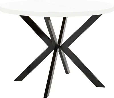 A white round dining table with a black metal base, photographed against a white background.