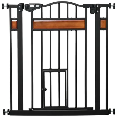 Image de PawHut Barrière de sécurité pour animaux avec porte fermeture automatique système de double verrouillage sans perçage de 74 à 80 cm acier bois de pin noir