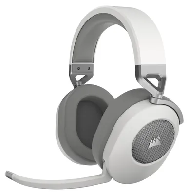 A white and gray Corsair HS65 Wireless gaming headset is shown against a white background.