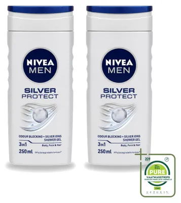 Immagine prodotto di 2 confezioni di gel doccia Nivea Men Silver Protect 3-in-1, 250 ml ciascuna - confezione grande - 2 pezzi