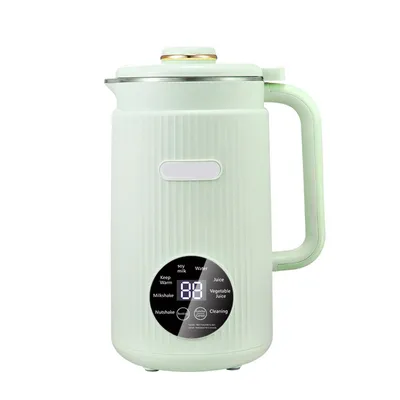 A light green automatic soy milk maker with a digital display and handle, shown against a white background.