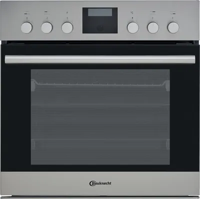 A front view of a stainless steel built-in oven with a black glass door and a digital display.