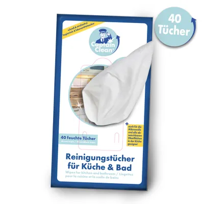 Produktbild von Captain Clean Reinigungstücher feucht für Glaskeramikkochfelder 40er - Wischtücher hygienisch für Küche und Bad