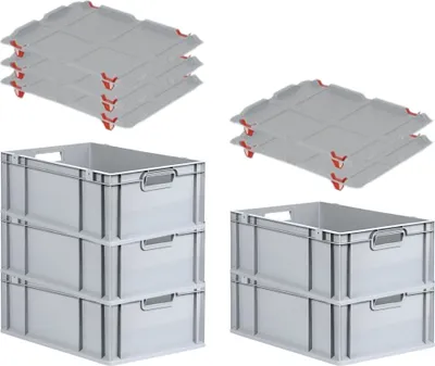 Produktbild von SparSet 5x Eurobox NextGen Economy mit Auflagedeckel und 4x Schiebeschnappverschlüsse Rot | Griffe offen | HxBxT 22x40x60cm | 44 Liter | Eurobehälter, Transportbox, Transportbehälter, Stapelbehälter