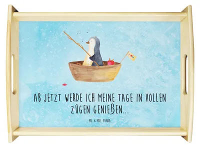 Produktbild von Mr. & Mrs. Panda Deko Tablett Pinguin Angelboot - Eisblau - Geschenk, Angeln, aus holz, serviertablett, Optimistisch, Boot, sofatablett, betttablett, Motivation, Servier